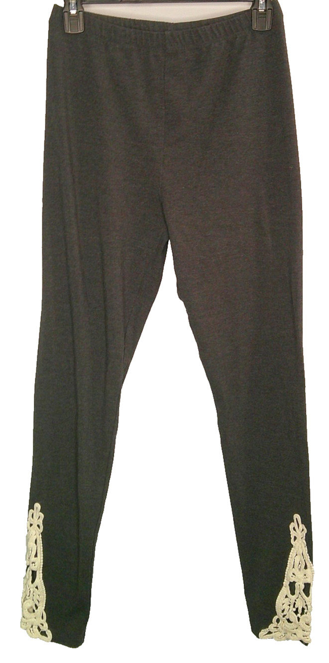 Zenana Signature Women's Large Gray Leggings w/ White Crocheted Accent at Ankle